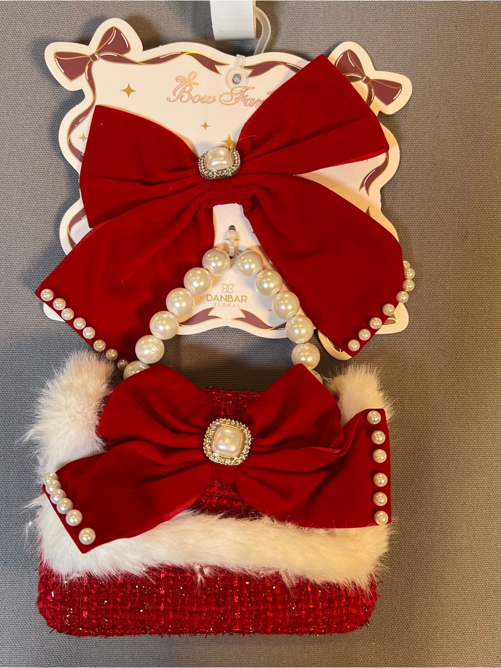 Kids Red Velvet Bow Hair Clip and Purse Set with Pearl Accents Holiday Festive